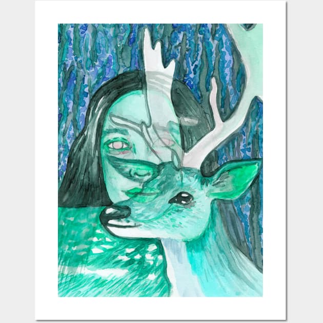 Psychedelic wild deer and girl Wall Art by deadblackpony